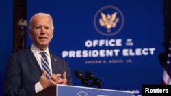 U.S. President-elect Joe Biden speaks about health care and the Affordable Care Act (Obamacare) at the theater serving as his transition headquarters in Wilmington, Delaware, Nov, 10, 2020. 