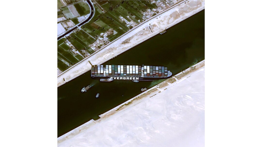 A satellite image shows stranded container ship Ever Given after it ran aground in Suez Canal, Egypt March 25, 2021. (CNES/AIRBUS DS via Reuters)