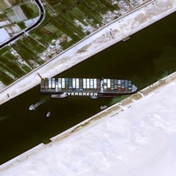 A satellite image shows stranded container ship Ever Given after it ran aground in Suez Canal, Egypt March 25, 2021. (CNES/AIRBUS DS via Reuters)