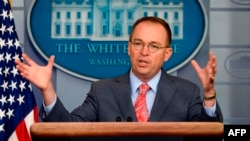 FILE - White House acting Chief of Staff Mick Mulvaney speaks during a press briefing in Washington, Oct. 17, 2019. Mulvaney failed to show up for a scheduled deposition Nov. 8, despite a subpoena issued by the House Intelligence Committee.