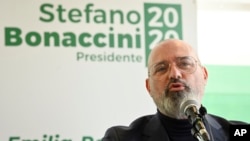 Emilia-Romagna's governor Stefano Bonaccini speaks to reporters after winning the regional elections, in Casalecchio di Reno, near Bologna, Italy, Jan. 27, 2020.