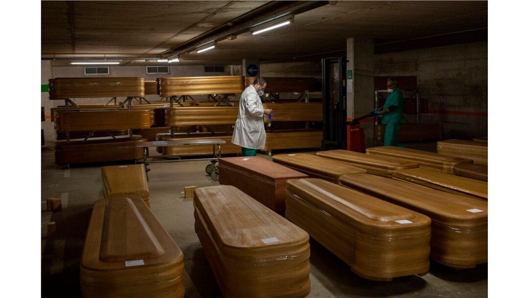 Coffins with the bodies of coronavirus victims are stored waiting for burial or cremation at the Collserola morgue in Barcelona, Spain, April 2, 2020.