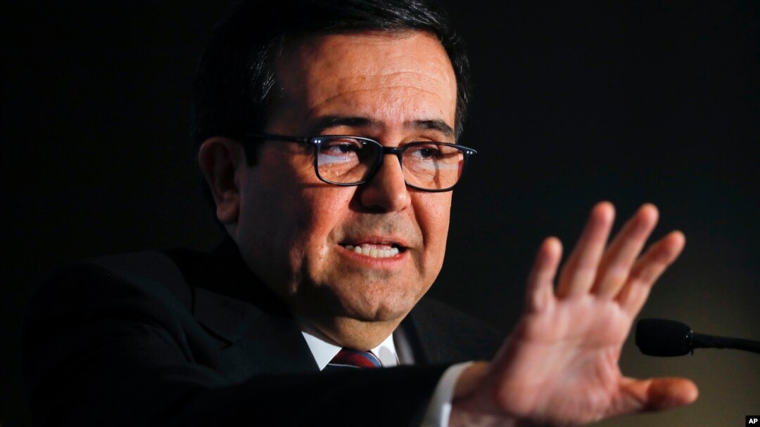 FILE - Ildefonso Guajardo Villarreal, Mexico's Secretary of the Economy, speaks at the Economic Club of Detroit, March 3, 2017. 