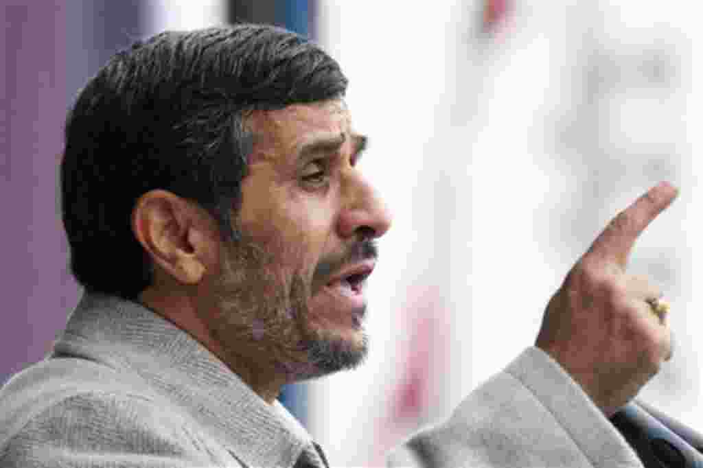 Iranian President Mahmoud Ahmadinejad, gestures, as he delivers his speech in a rally marking the 32nd anniversary of 1979 Islamic Revolution, at the Azadi (Freedom) Square in Tehran, Iran, Friday. Feb. 11, 2011. The President said that Egypt's popular u