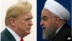 A combination of two pictures shows U.S. President Donald Trump (L) on July 22, 2018, and Iranian President Hassan Rouhani on Feb. 6, 2018. 