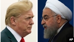 Two photos show U.S. President Donald Trump (L), July 22, 2018, and Iranian President Hassan Rouhani, Feb. 6, 2018.