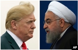 A combination of two pictures shows U.S. President Donald Trump (L) on July 22, 2018, and Iranian President Hassan Rouhani on Feb. 6, 2018.