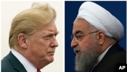 U.S. President Donald Trump (L) on July 22, 2018, and Iranian President Hassan Rouhani on Feb. 6, 2018. 