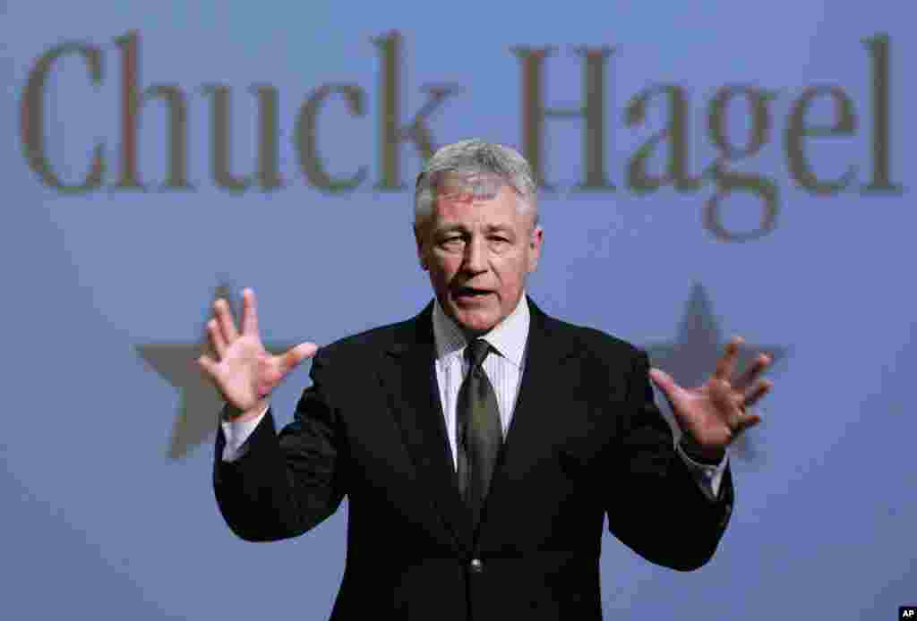 In this February 21, 2007 file photo, then Senator Chuck Hagel, speaks during an appearance at Bellevue University, Nebraska.