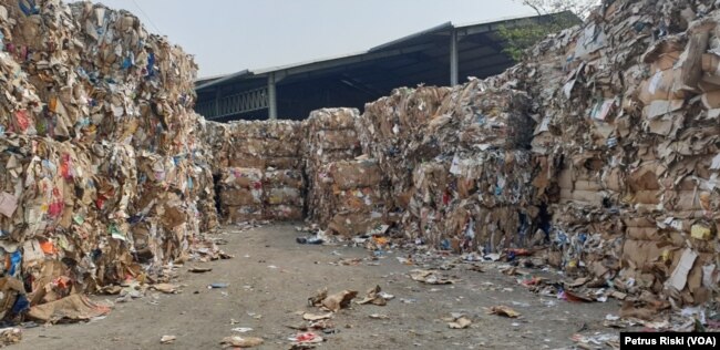 Tumpukan sampah kertas asal Eropa dan Amerika di tempat penampungan pabrik kertas di Mojokerto. (Foto:VOA/Petrus Riski).