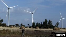 A man walks near the Adama wind farm project built by Chinese Exim bank on the outskirt of Adama Town, east of the capital Addis Ababa, Nov. 5, 2015.