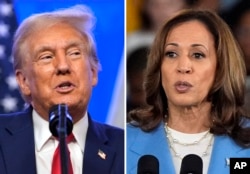 FILE - This combination photo shows Republican presidential nominee and former President Donald Trump, Aug. 15, 2024, in Bedminster, New Jersey, and Democratic presidential nominee and Vice President Kamala Harris at a campaign event in Raleigh, North Carolina, Aug. 16, 2024.