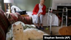 Mary Derr, 93, sits on her bed and talks to her robot cat she calls "Buddy" in her home she shares with her daughter Jeanne Elliott in South Kingstown, Rhode Island.