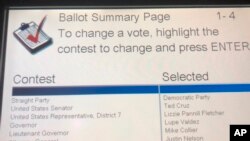 This Oct. 22, 2018, photo shows the ballot summary page of voter Leah McElrath, whoshe voted a straight-Democratic Party ticket, but the voting machine flipped her vote for United States Senator to Republican Ted Cruz.