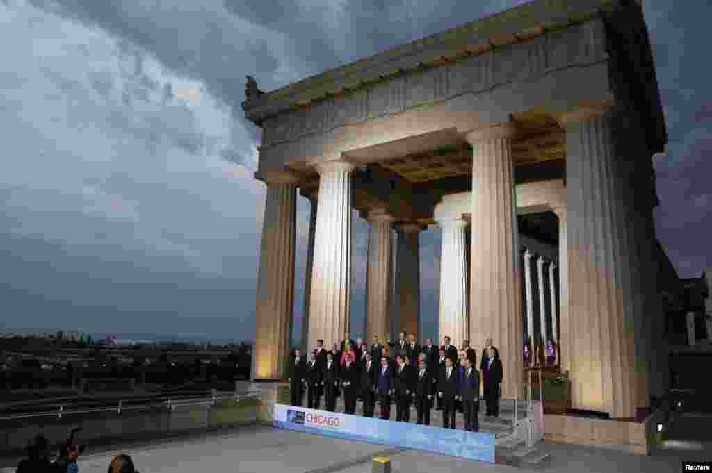 NATO leaders pose for a family photo outside Soldier Field in Chicago. (Reuters)