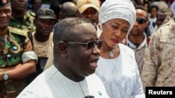 FILE PHOTO: Sierra Leone's President and ruling party candidate Julius Maada Bio speaks after casting his vote at the 2023 Sierra Leone general election
