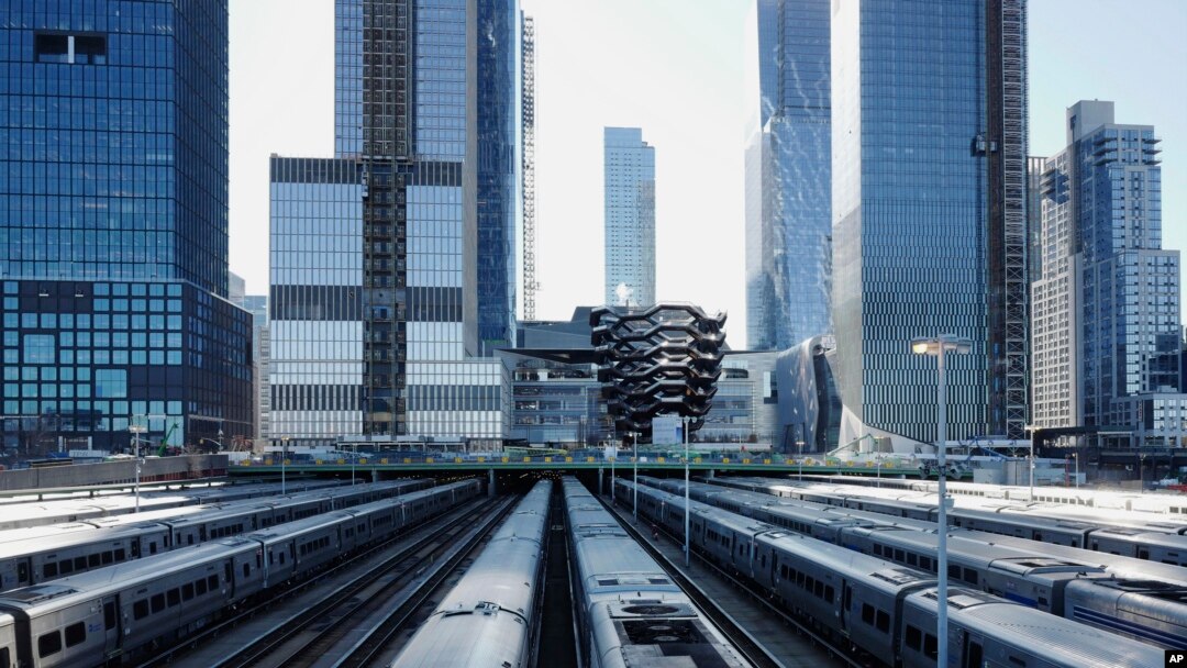 This April 1, 2019, photo shows the Long Island Railroad storage yards and buildings at Hudson Yards in New York. Amazon has signed a lease for a new office space in Manhattan that will house more than 1,500 employees.