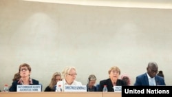 지난 9일 스위스 제네바에서 제42차 유엔 인권이사회 회의가 열리고 있다. 왼쪽부터 케이트 길모어 유엔 인권최고부대표, 타티아나 발로바야 제네바 유엔 사무소장, 미첼 바첼레트 유엔 인권최고대표, 콜리 섹 유엔 인권이사회 회장.