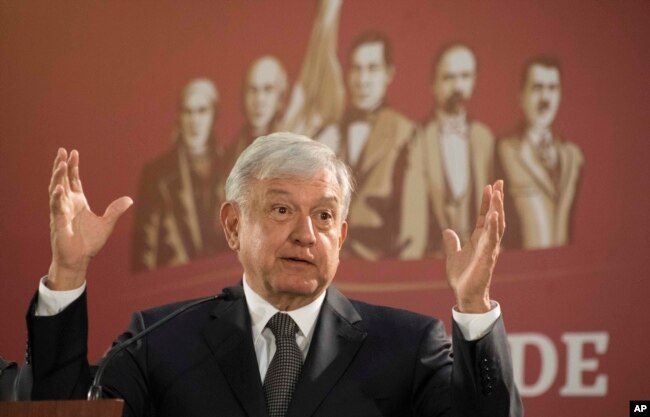 FILE - Mexico's President Andres Manuel Lopez Obrador speaks during a news conference in Mexico City, Dec. 3, 2018.