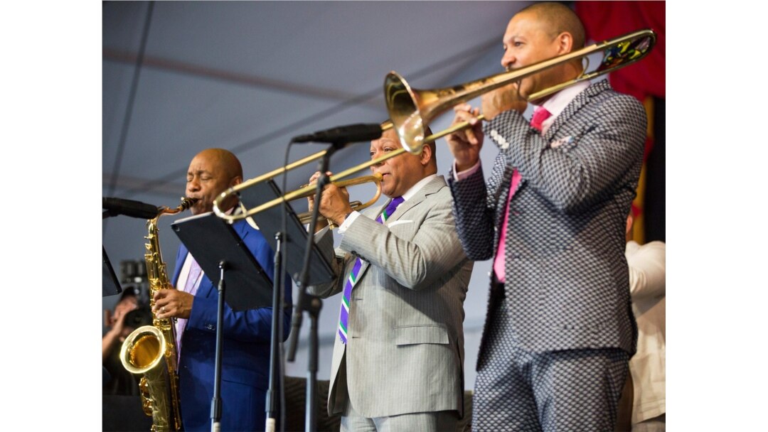 Branford Marsalis, Wynton Marsalis and Delfeayo Marsalis perform in the Ellis Marsalis Family Tribute in the Jazz Tent during the New Orleans Jazz & Heritage Festival in New Orleans, Louisiana on April 28, 2019.