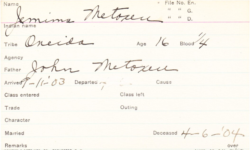 Carlisle Indian Industrial School Student Information Card for Jemima Metoxen.