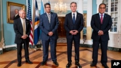 FILE - Secretary of State Antony Blinken, second from right, meets with, from left, Marshall Islands Foreign Affairs and Trade Minister Jack Ading, Palau's President Surangel Whipps Jr. and Micronesia's President Wesley Simina in Washington, Sept. 26, 2023. 