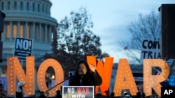 Member of Congress Pramila Jayapal speaks during a rally, during a House vote to limit President Donald Trump's ability to take military action against Iran, on Capitol Hill, in Washington, Jan. 9, 2020. Now the Senate is taking similar action.
