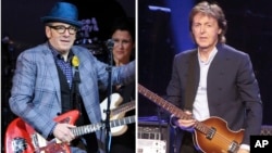 In this combination photo, musicians Elvis Costello, left, performs at "The Music of Prince" tribute concert, March 7, 2013, in New York and Paul McCartney performs during his "Out There Tour 2015," June 21, 2015, in Philadelphia.
