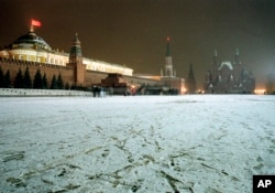 The Soviet flag flies over the Kremlin at Red Square in Moscow, Russia on December 21, 1991, just days before the Soviet Union officially collapsed.