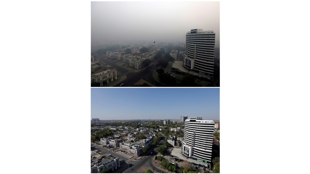 FILE PHOTO: A combo shows buildings on Nov. 8, 2018 and after air pollution level started to drop during a 21-day nationwide lockdown to slow the spreading of coronavirus disease (COVID-19), in New Delhi, India, April 8, 2020.