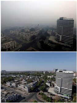 FILE PHOTO: A combo shows buildings on Nov. 8, 2018 and after air pollution level started to drop during a 21-day nationwide lockdown to slow the spreading of coronavirus disease (COVID-19), in New Delhi, India, April 8, 2020.