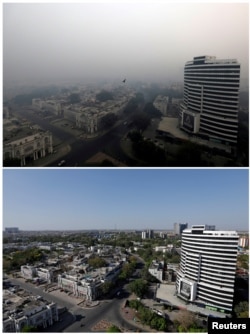 FILE PHOTO: A combo shows buildings on Nov. 8, 2018 and after air pollution level started to drop during a 21-day nationwide lockdown to slow the spreading of coronavirus disease (COVID-19), in New Delhi, India, April 8, 2020.