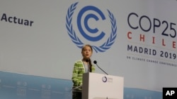 Aktivis iklim remaja Swedia Greta Thunberg dalam konferensi iklim PBB COP25 di Madrid, Spanyol, 11 Desember 2019. 