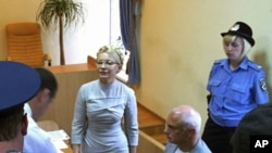 Former Ukrainian Prime Minister Yulia Tymoshenko (C) attends a court hearing at the Pecherskiy District Court in Kiev August 8, 2011