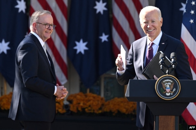 US President Joe Biden and Australia's Prime Minister Anthony Albanese leave a joint press conference at the Rose Garden of the White House in Washington, DC on October 25, 2023. (Photo by SAUL LOEB / AFP)