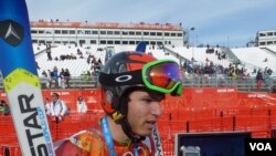 Adam Lamhamedi, the Moroccan skier who finished 47th in the Giant Slalom, Feb 19, 2014 (VOA - P. Brewer)