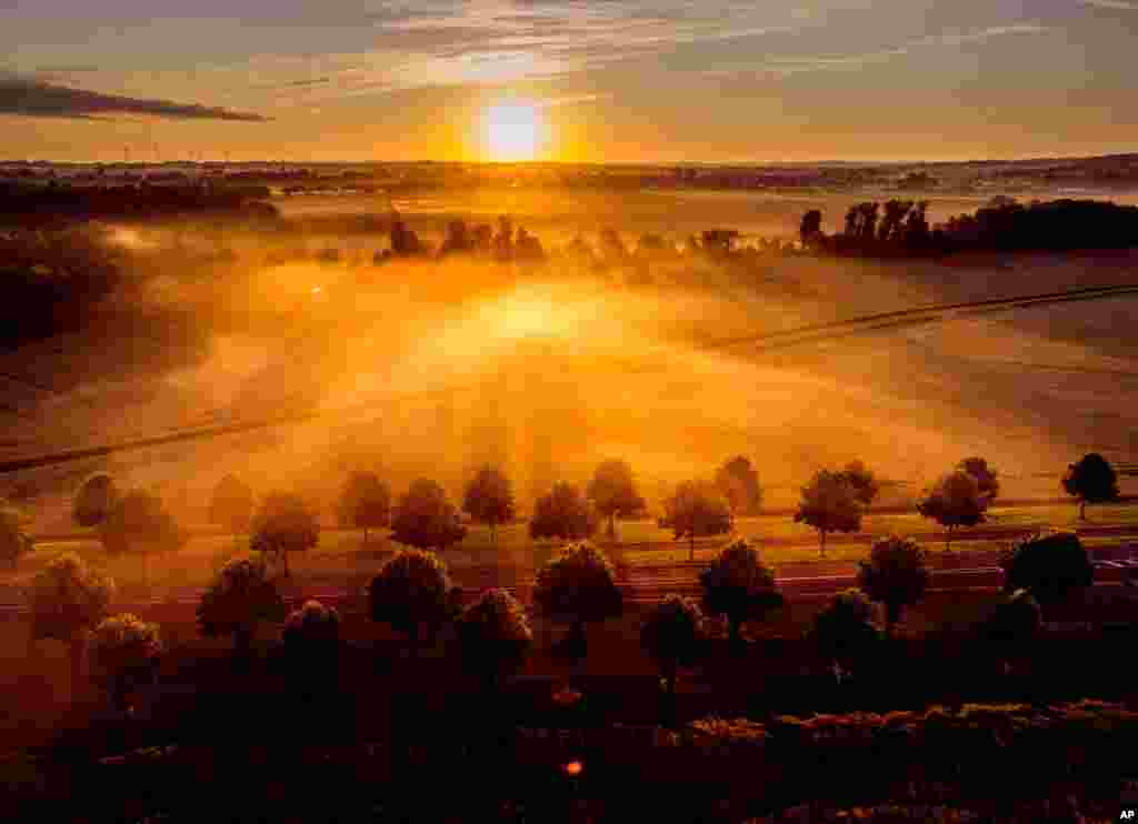طلوع خورشید بر فراز زمین‌های پوشیده از مه صبحگاهی در حومه فرانکفورت، آلمان