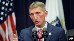 Boston Police Commissioner William Evans comments, May 2, 2017, during a press conference at the Statehouse in Boston.
