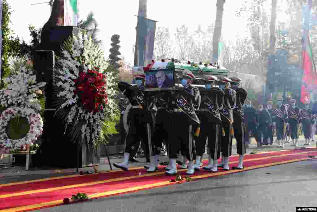 Members of Iranian forces carry the coffin of slain nuclear scientist Mohsen Fakhrizadeh during a funeral ceremony in Tehran, Nov. 30, 2020. (Credit: WANA)
