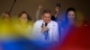 (FILES) Venezuelan presidential candidate Edmundo Gonzalez (C) speaks to students next to his wife Mercedes Lopez (2nd-L) and Venezuelan opposition leader Maria Corina Machado (R) during a campaign rally at the Central University of Venezuela in Caracas o