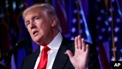 President-elect Donald Trump speaks during a rally in New York on Nov. 9, 2016.