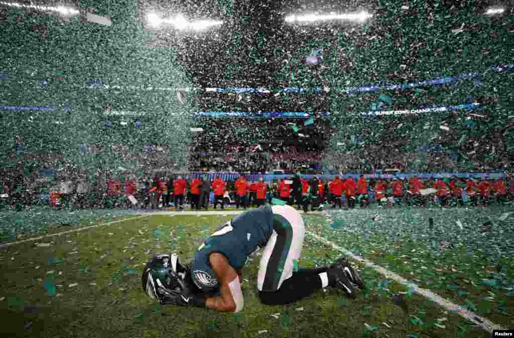 Philadelphia Eagles&rsquo; Patrick Robinson celebrates winning Super Bowl LII, at U.S. Bank Stadium in Minneapolis, Minnesota, Feb. 4, 2018.