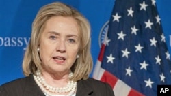 US Secretary of State Hillary Rodham Clinton, during a press conference at the US Embassy in Berlin, Germany, April 15, 2011