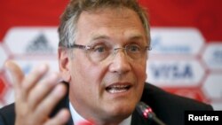 FIFA Secretary General Jerome Valcke speaks as he attends a news conference during his visit to the southern city of Samara, one of the 2018 World Cup host cities, Russia, June 10, 2015. 