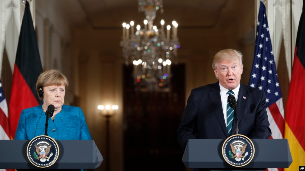 President Donald Trump and German Chancellor Angela Merkel participate in a joint news conference in the East Room of the White House in Washington, March 17, 2017.