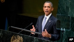 Barack Obama, le président des Etats-Unis, pronoce un discours lors de la 70e session de l'Assemblée générale des Nations Unies, 28 septembre 2015