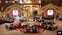 FILE - Gulf leaders meet during a Gulf Cooperation Council summit in Doha, Qatar, December 2014. 