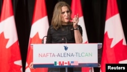 FILE - Chrystia Freeland, Canada's Minister of Foreign Affairs, speaks to the media following NAFTA renegotiations in Montreal, Quebec, Canada, Jan. 29, 2018.