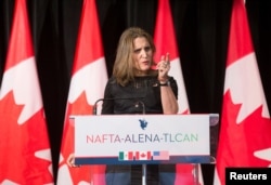 Chrystia Freeland, Canada's Minister of Foreign Affairs, speaks to the media following NAFTA renegotiations in Montreal, Quebec, Canada, Jan. 29, 2018.