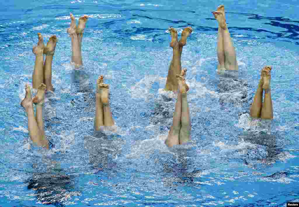 Team Netherlands competes during their synchronized swimming free routine team final at the 1st European Games in Baku, Azerbaijan.